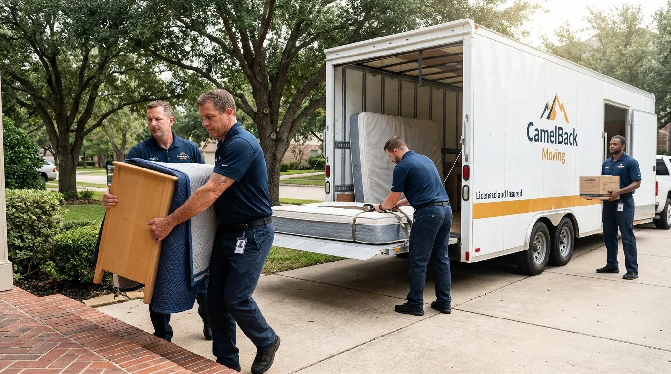 Crew loading residential truck for cross-state move from Purcell, OK