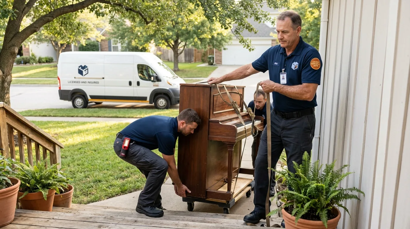 Licensed piano movers securing grand piano in Purcell, OK