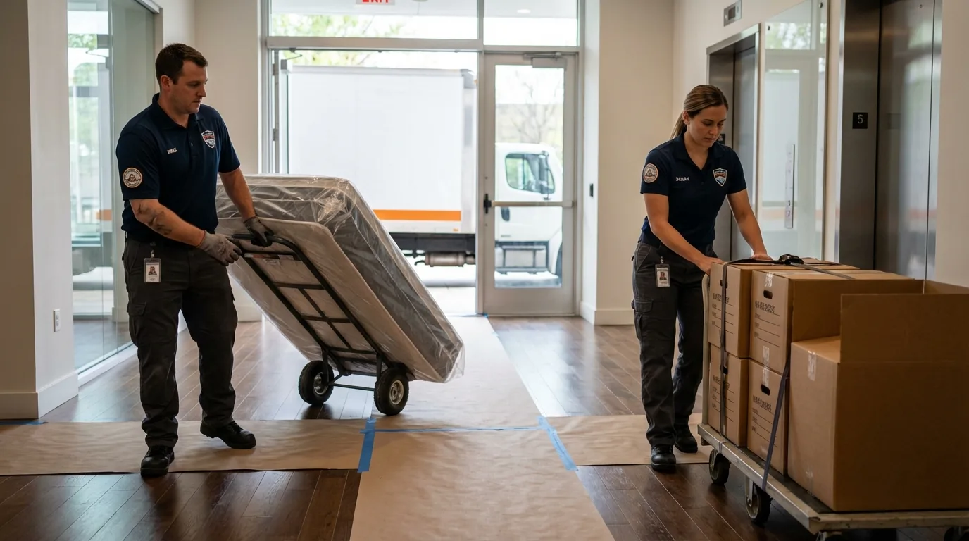 Professional apartment movers loading elevator in Purcell, OK